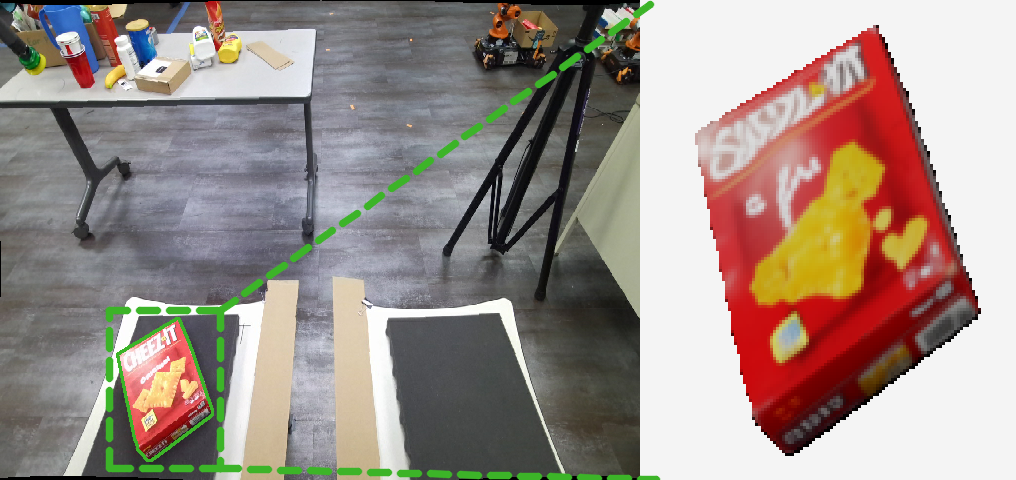 Cracker-box reconstructed mesh rendered at its source-frame pose