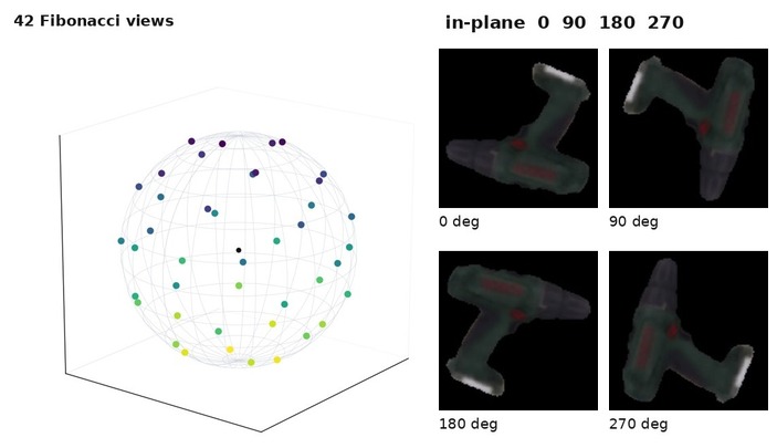 42 Fibonacci camera positions beside four in-plane rotations of one driller crop