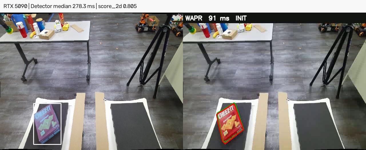 RTX 5090 frame-0 predicted mask and detection box on the left, WAPR pose initialized from that mask on the right