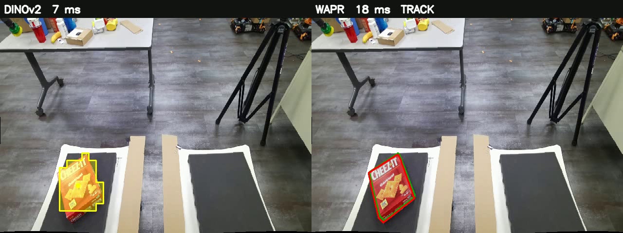 RTX 5090 next frame: DINOv2 tracked target mask on the left and WAPR refinement of the previous pose on the right
