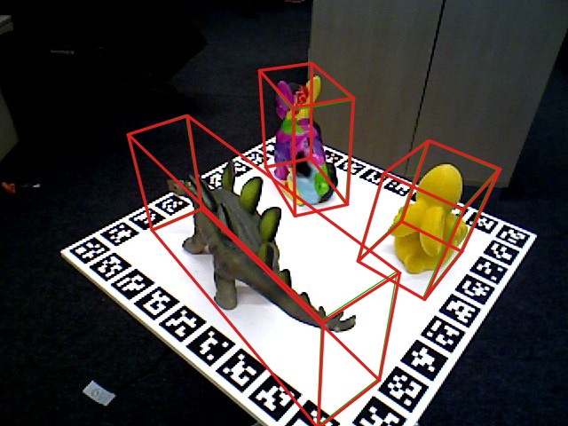 HB validation scene 1 image 1, predicted pose in red and ground truth in green