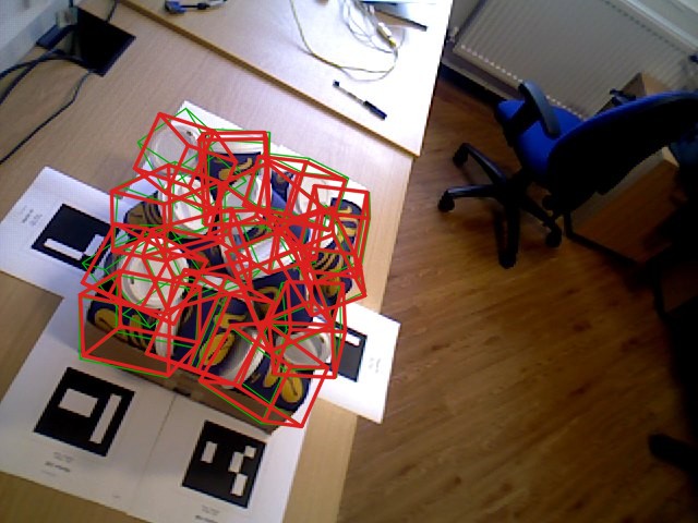IC-BIN scene 1 image 26, predicted pose in red and ground truth in green