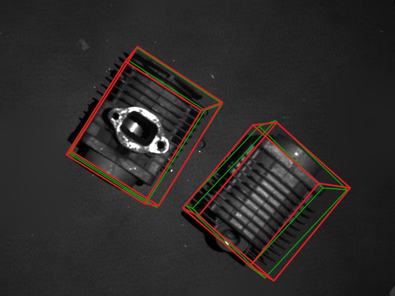 ITODD validation scene 1 image 206, predicted pose in red and ground truth in green